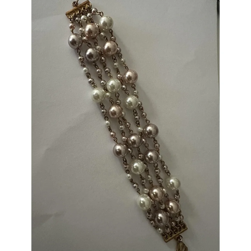 Gold Tone Multicolor Faux Pearl Beaded Chain Bracelet‎ Womens 7.5 Inch Lobster